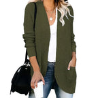 Olive green long open front cardigan worn with jeans