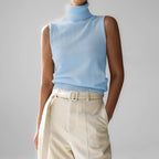 Pale blue roll neck sleeveless knit tank, front view
