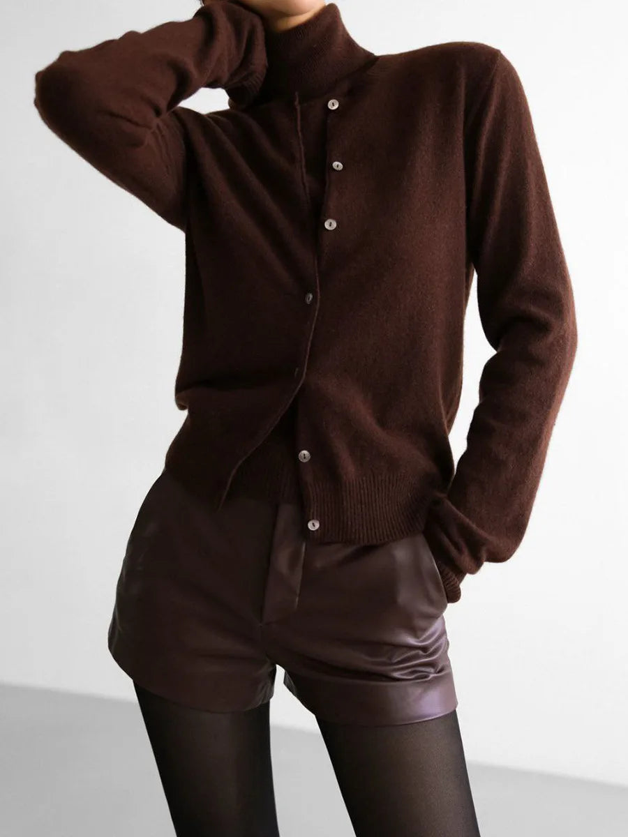 Chocolate brown button knit cardigan styled with shorts