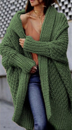 Forest green chunky knit long cardigan with batwing sleeves