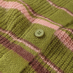 Close-up of the button on a striped fuzzy knit cardigan