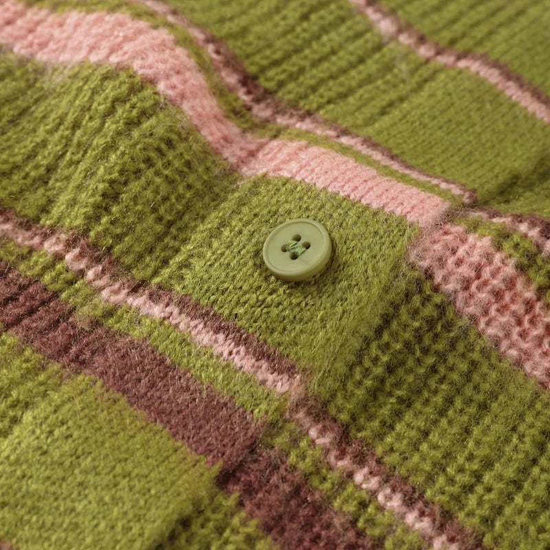 Close-up of the button on a striped fuzzy knit cardigan