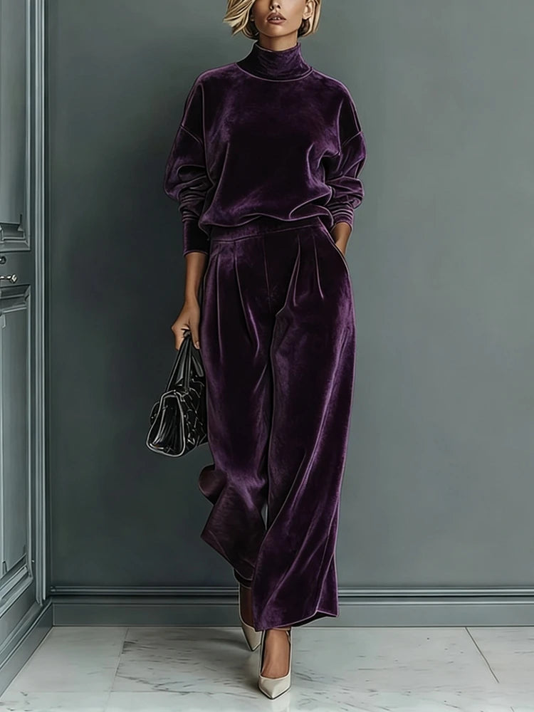 Aubergine velvet-look turtleneck sweatshirt and wide leg pants set