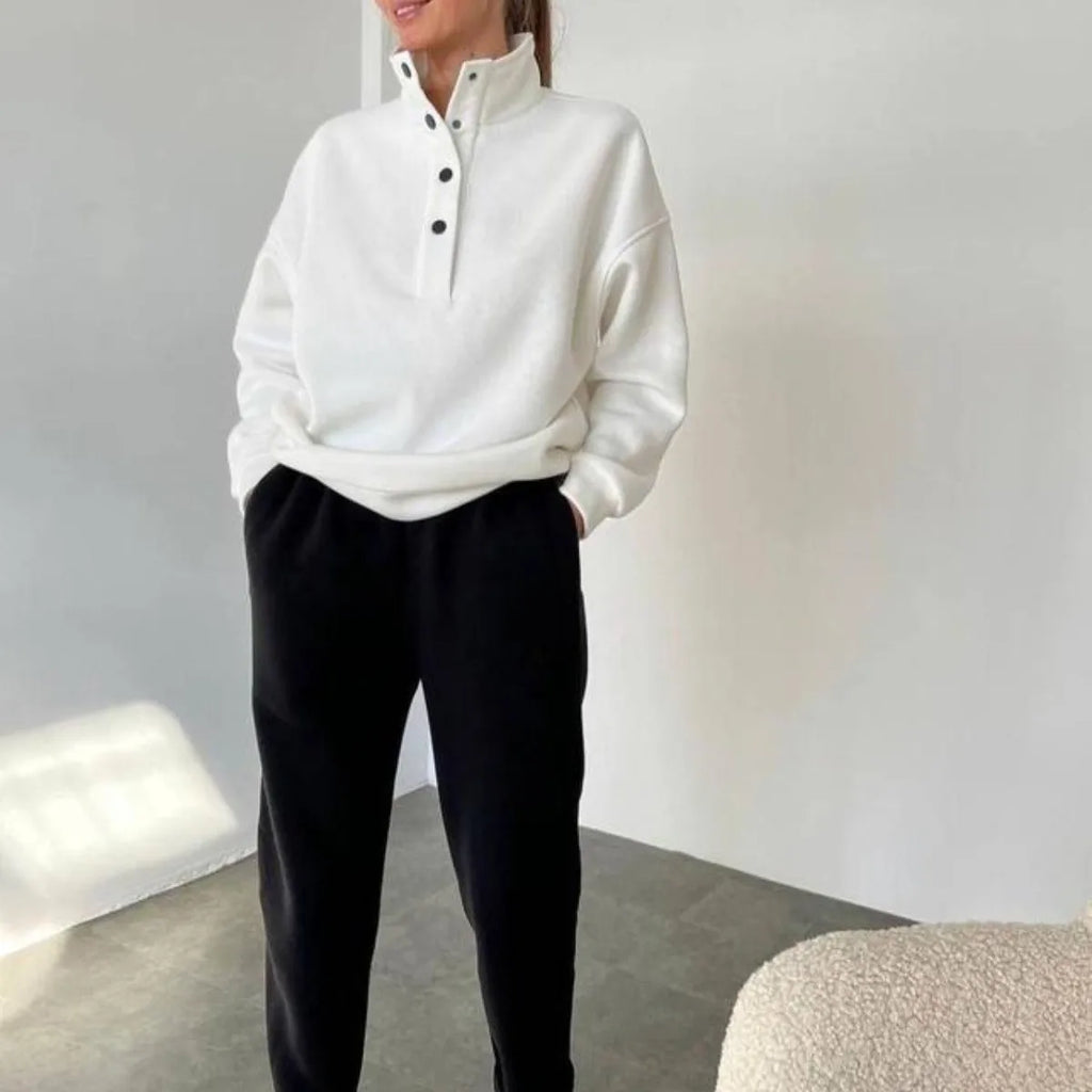 White and black half button stand collar sweatshirt and jogger pants set
