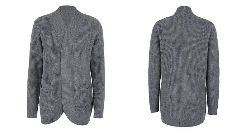 Dark grey long open front cardigan, front and back view
