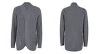 Dark grey long open front cardigan, front and back view