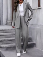 Dark gray longline blazer and wide leg trousers suit set, front view