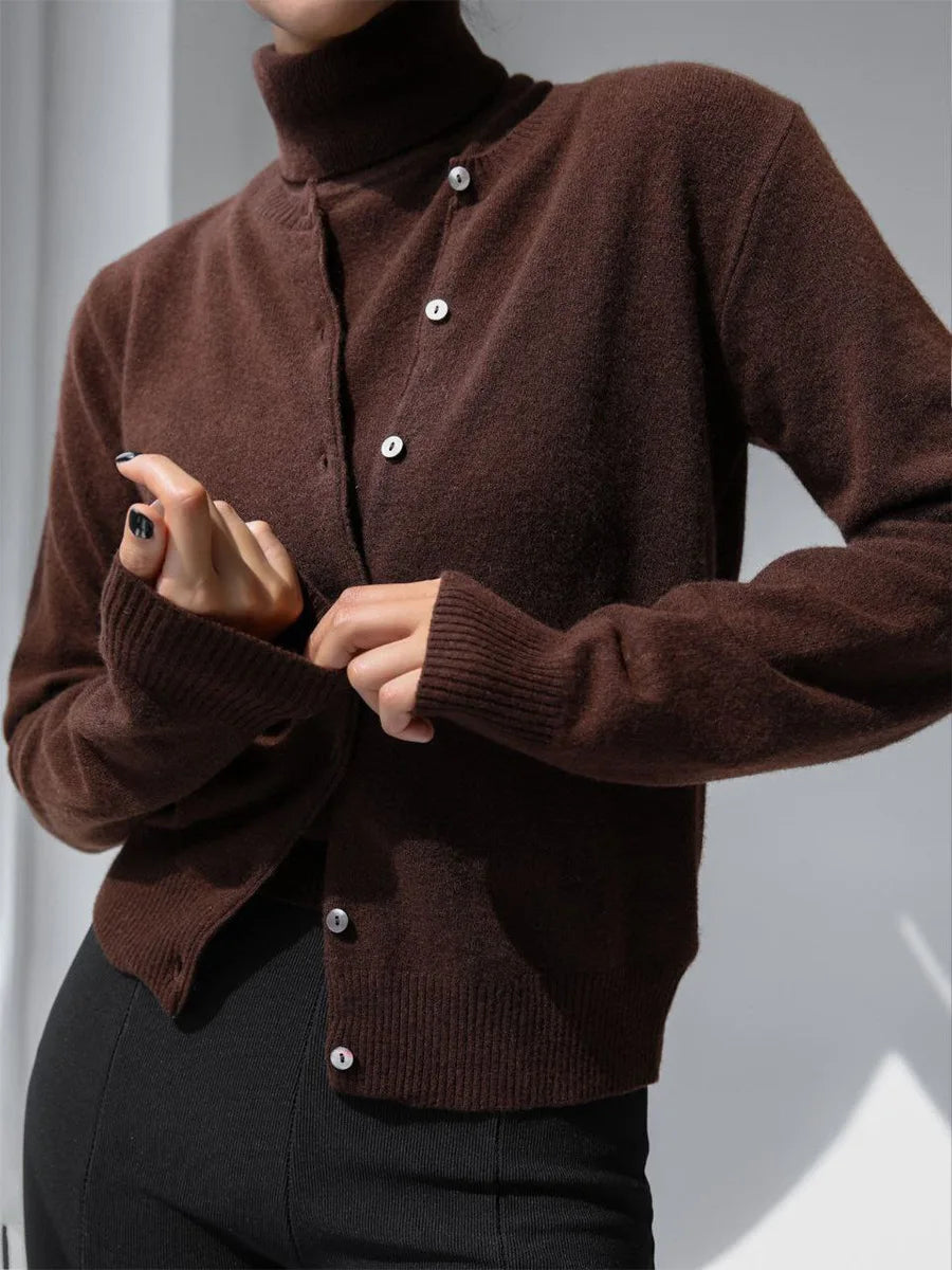 Chocolate brown round neck button knit cardigan, front view