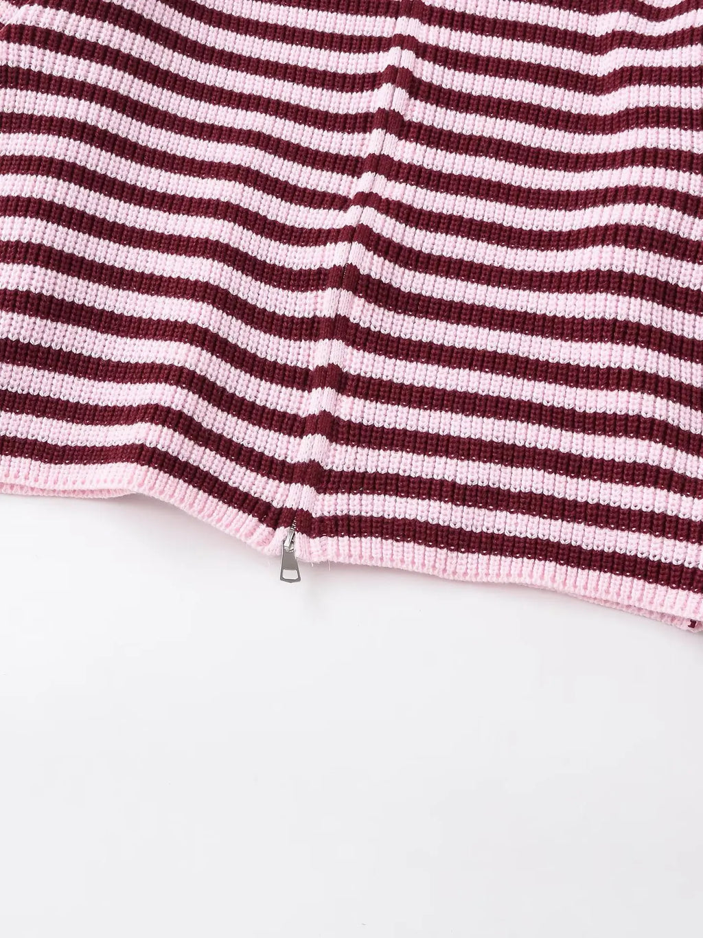 Burgundy striped cardigan, ribbed hem and zip detail