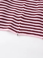 Burgundy striped cardigan, ribbed hem and zip detail