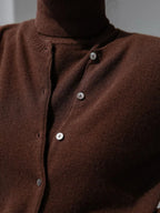 Close-up of the buttons on a chocolate brown knit cardigan