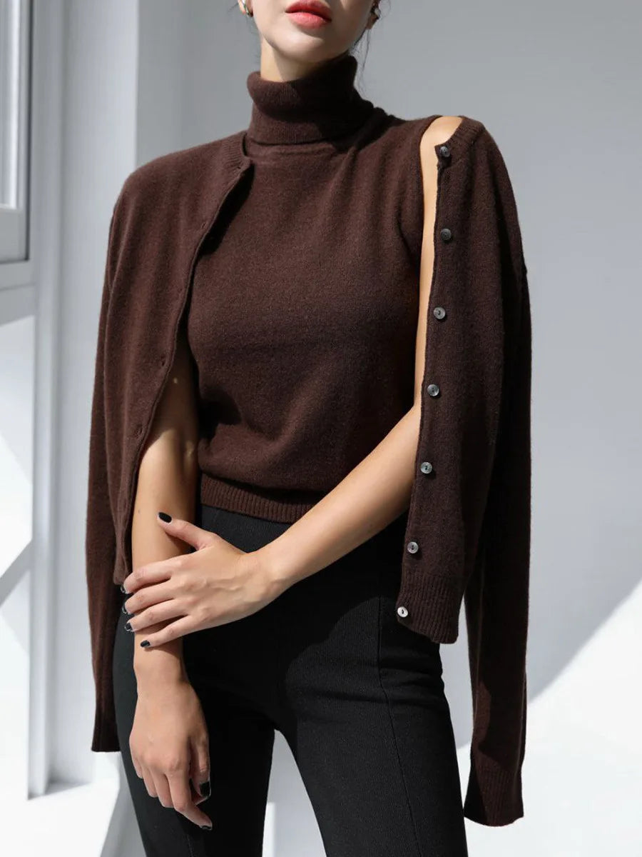 Chocolate brown knit tank and cardigan set, cardigan draped over the shoulders