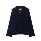 Navy open knit collared cardigan with black buttons
