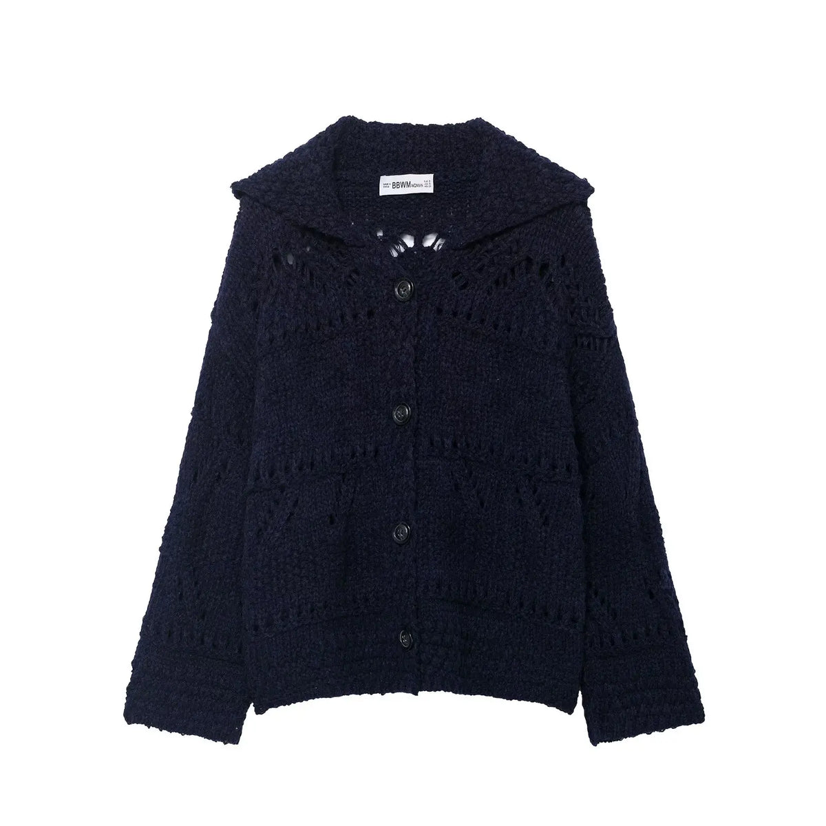 Navy open knit collared cardigan with black buttons