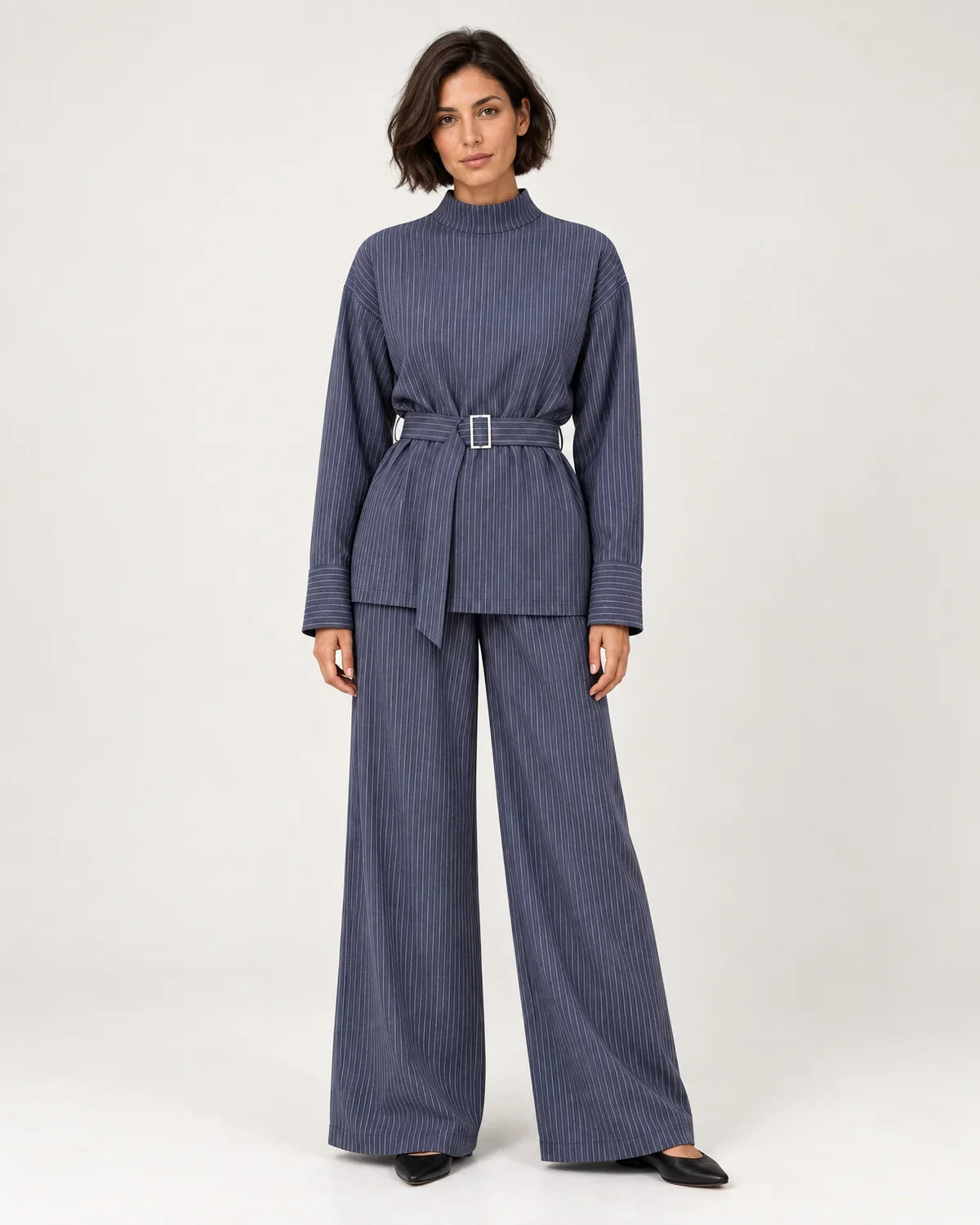 Elspeth | Women's Pinstripe Belted Top and Wide-Leg Pant Set