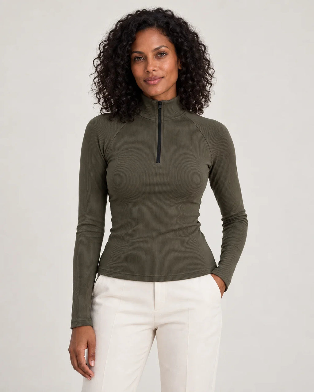 Talia | Women's Ribbed Half-Zip High Neck Long Sleeve Top