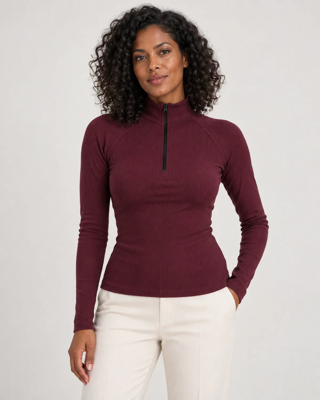 Talia | Women's Ribbed Half-Zip High Neck Long Sleeve Top