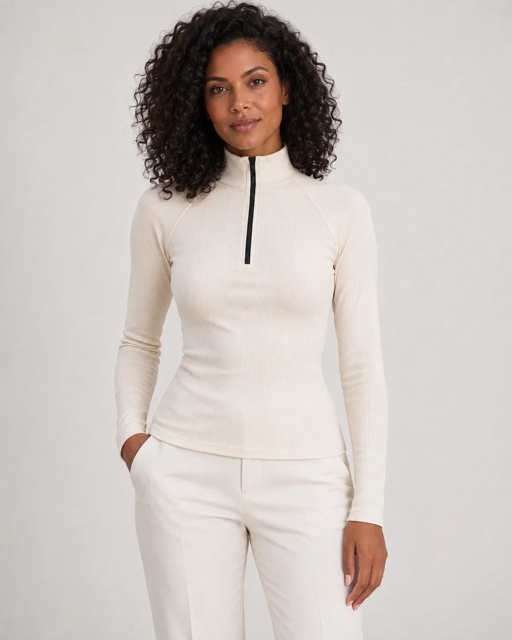 Talia | Women's Ribbed Half-Zip High Neck Long Sleeve Top