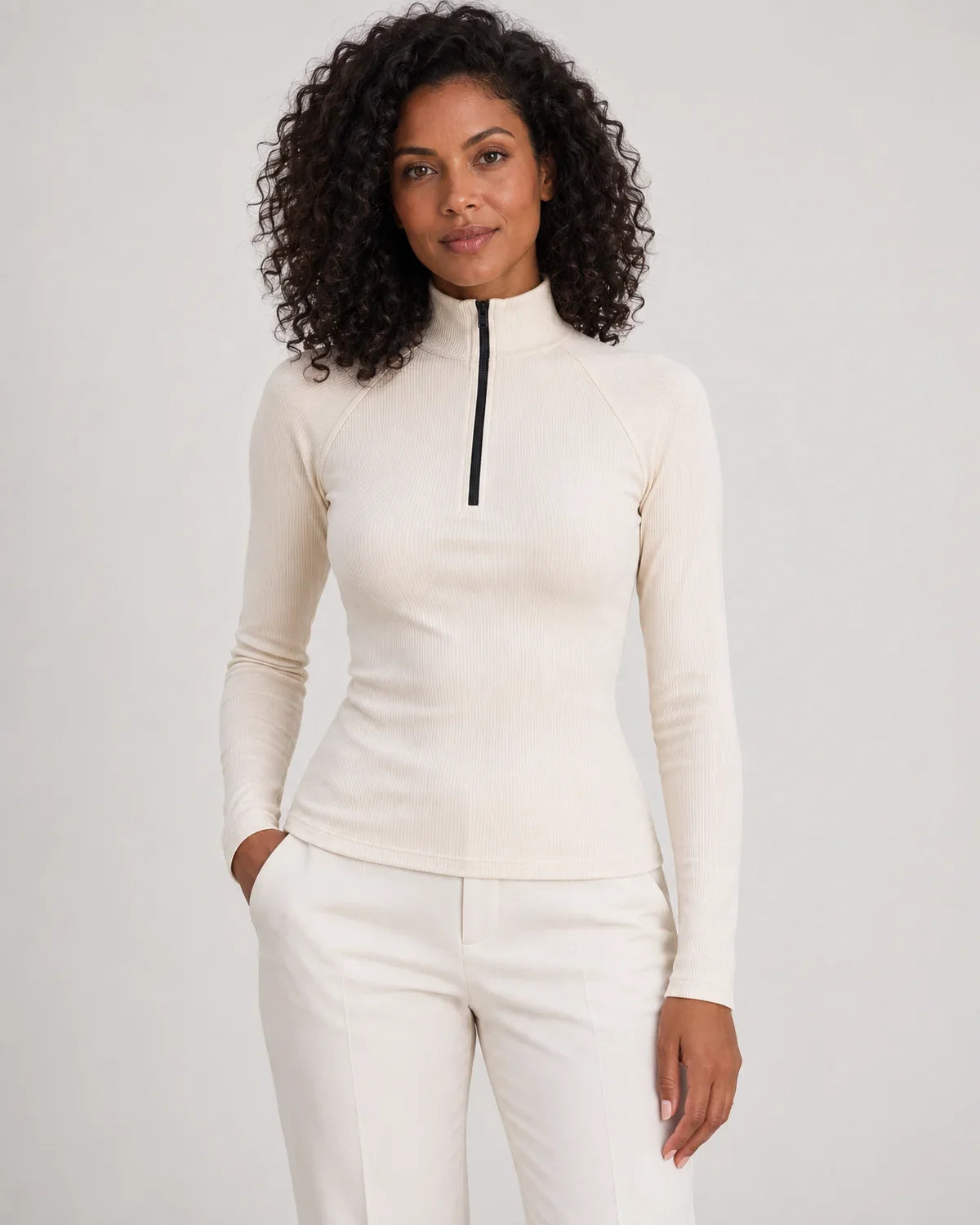 Talia | Women's Ribbed Half-Zip High Neck Long Sleeve Top