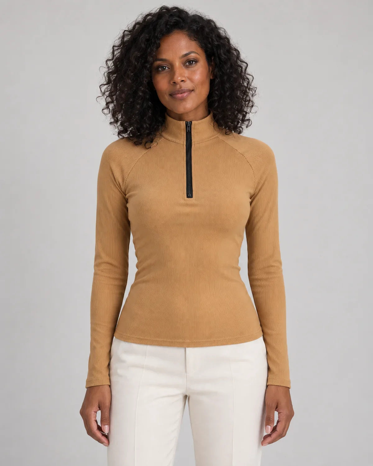 Talia | Women's Ribbed Half-Zip High Neck Long Sleeve Top