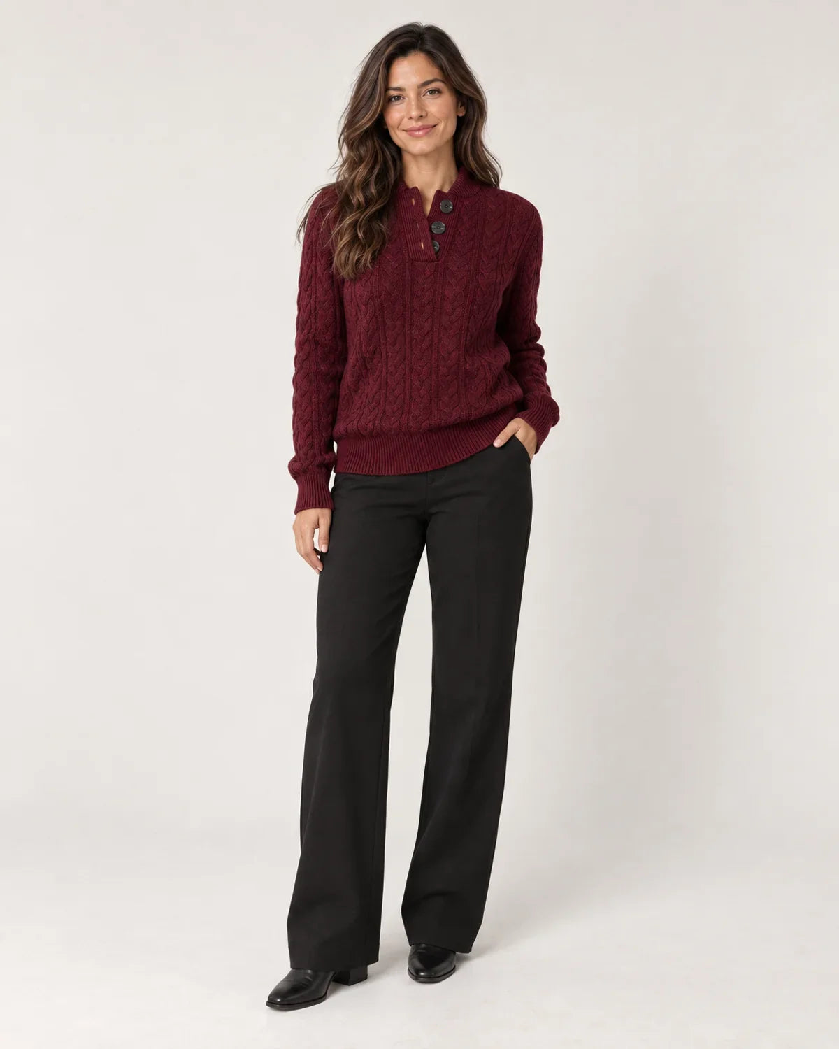 Rosalind | Women's Cable Knit Button-Neck Sweater