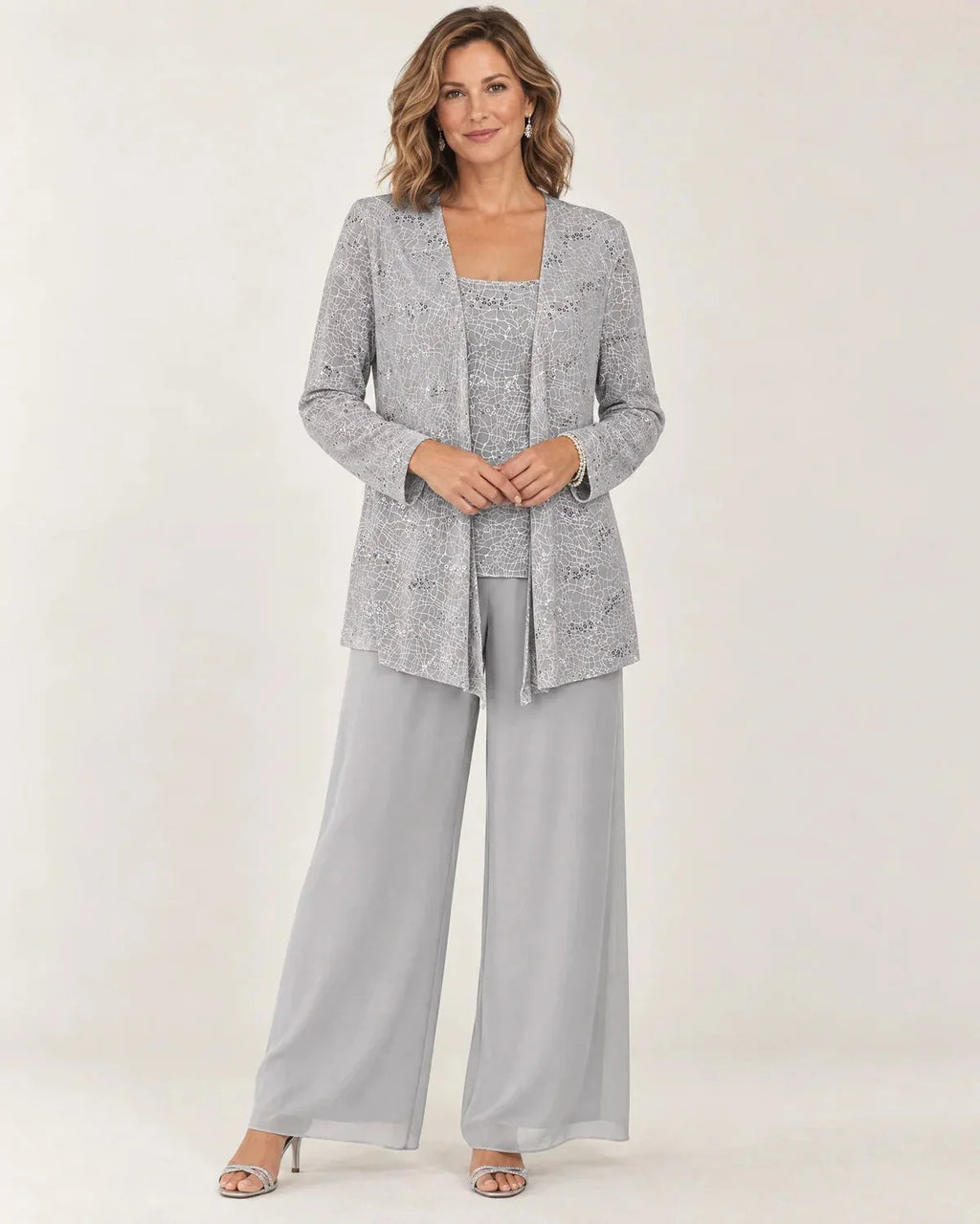 Aurelie | Women's Sequin Three-Piece Wide-Leg Pant Set