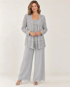Aurelie | Women's Sequin Three-Piece Wide-Leg Pant Set
