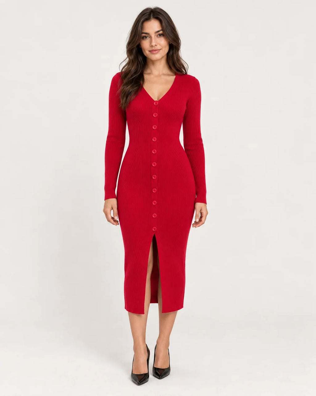 Florence | Women's Ribbed Knit Midi Dress with Button Front