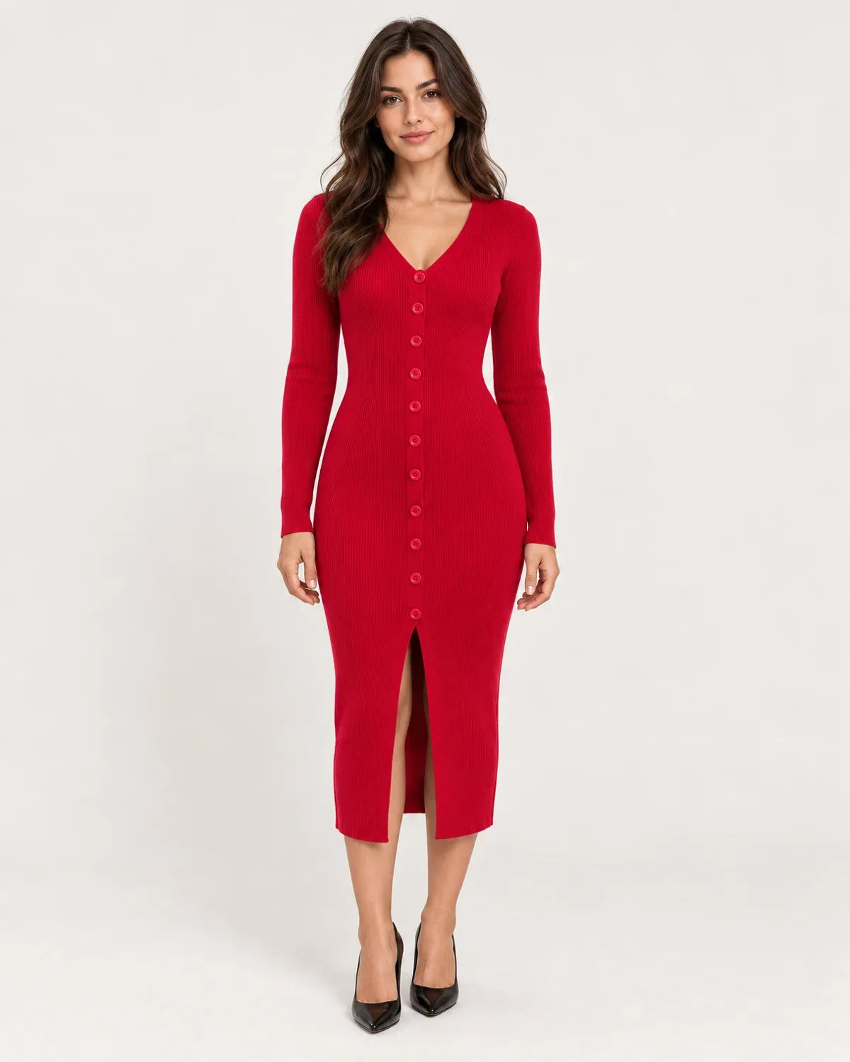 Florence | Women's Ribbed Knit Midi Dress with Button Front