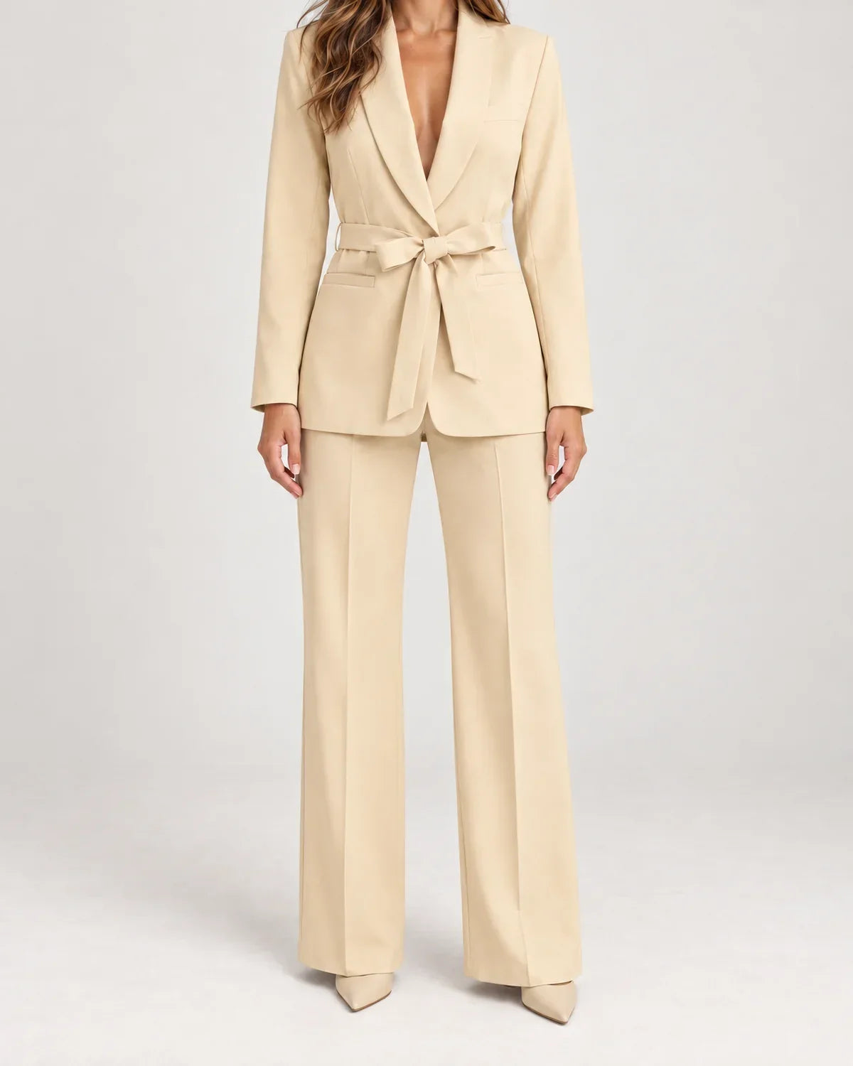 Solene | Women's Belted Blazer and High-Waisted Wide-Leg Pant Suit