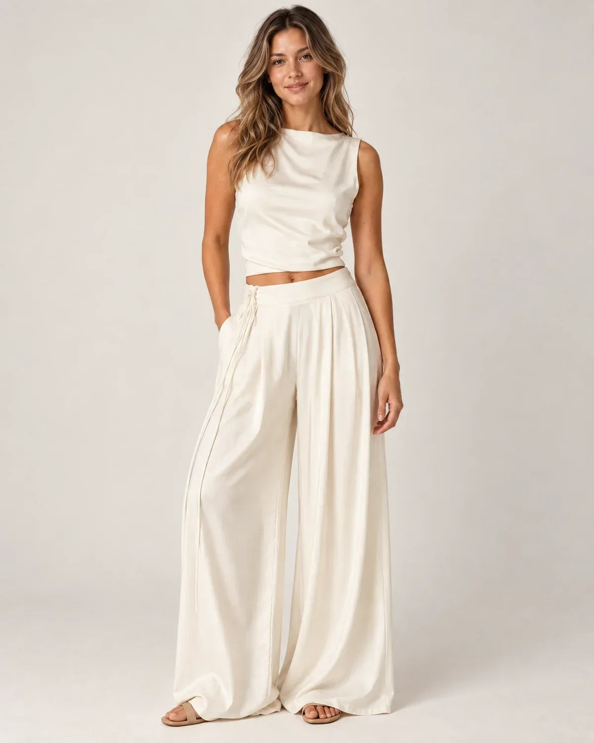 Odalie | Women's Open-Back Crop Top and Wide-Leg Pant Set