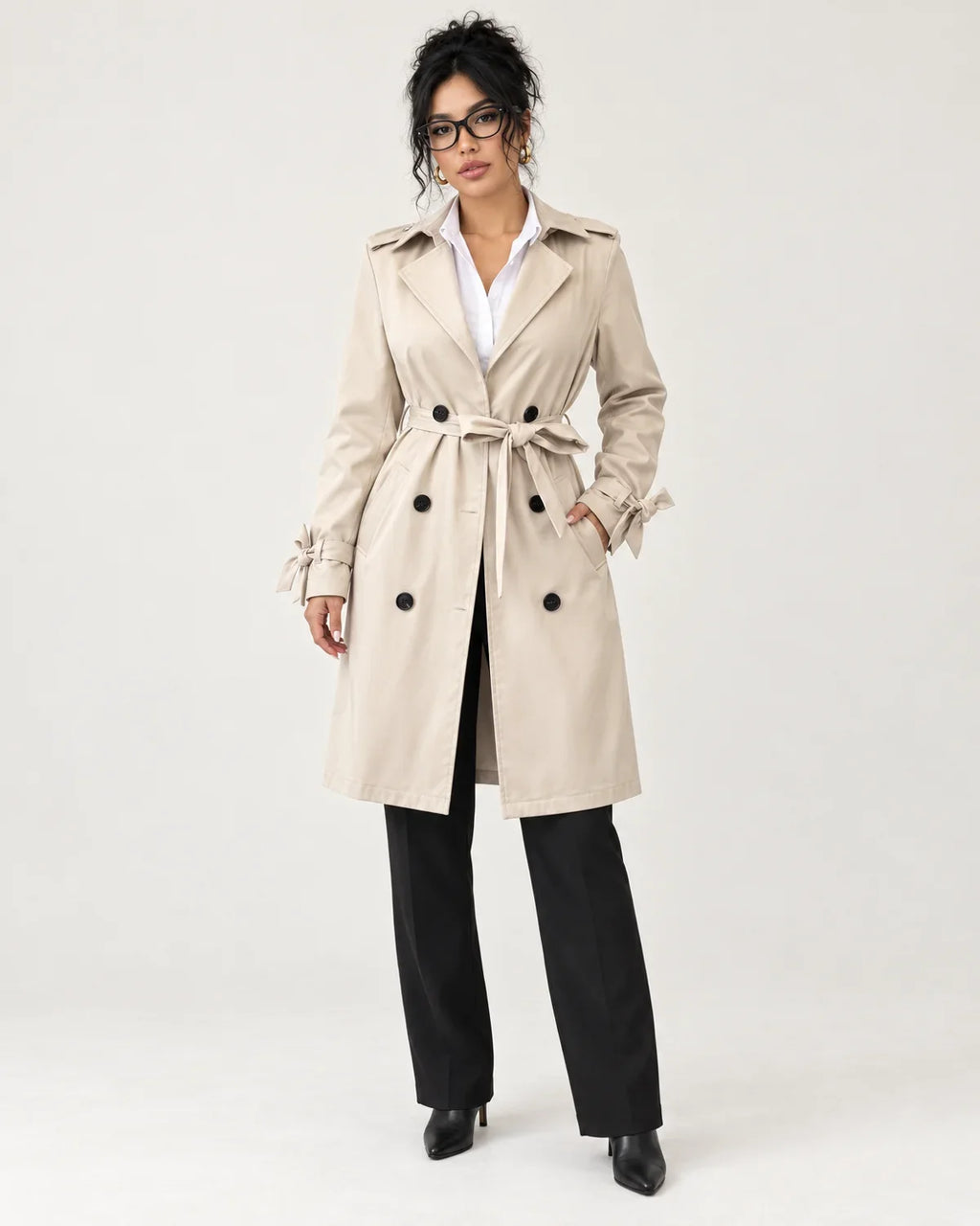 Vivienne | Women's Belted Double-Breasted Trench Coat with Tie Cuffs