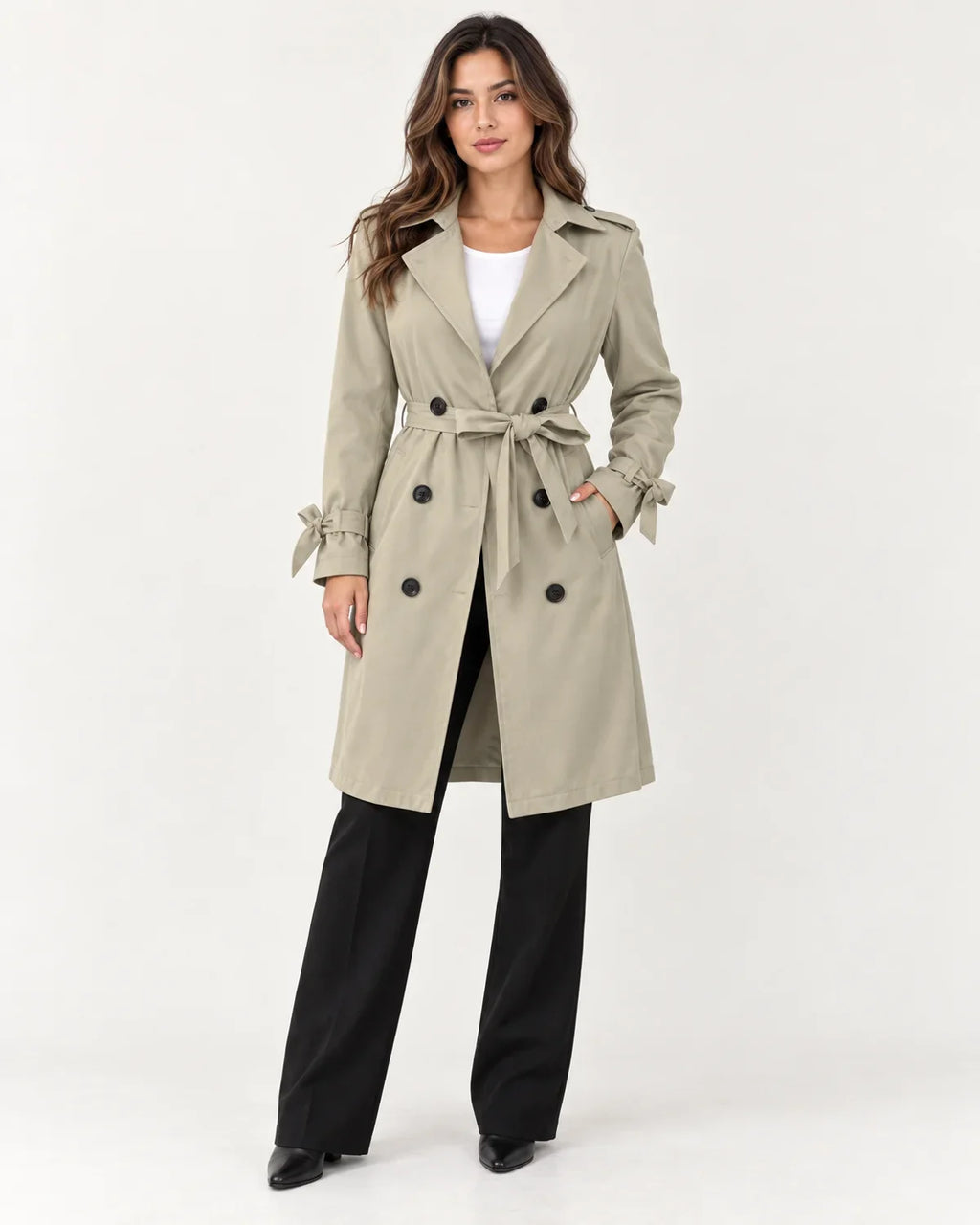 Vivienne | Women's Belted Double-Breasted Trench Coat with Tie Cuffs