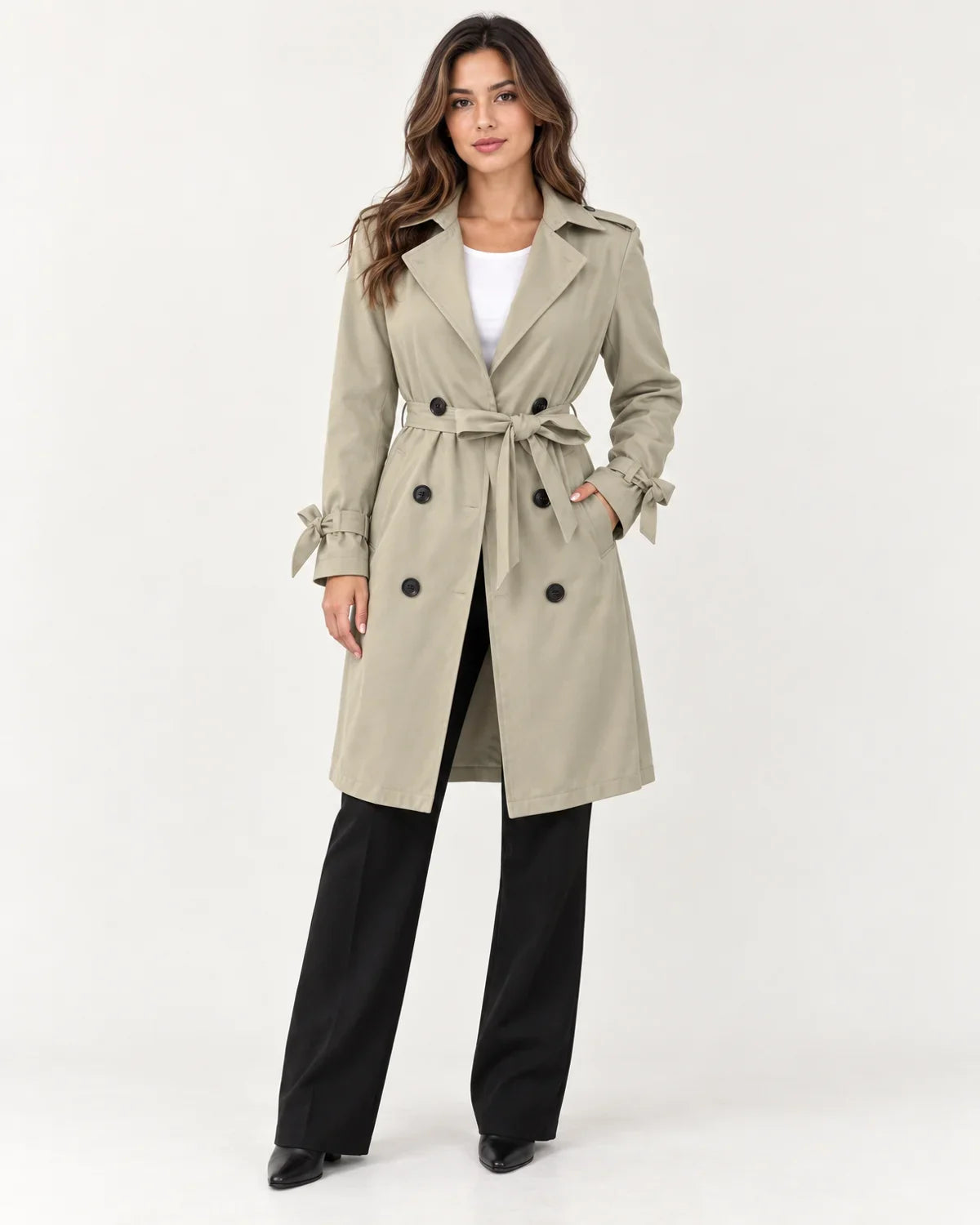 Vivienne | Women's Belted Double-Breasted Trench Coat with Tie Cuffs