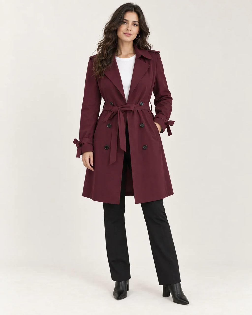 Vivienne | Women's Belted Double-Breasted Trench Coat with Tie Cuffs