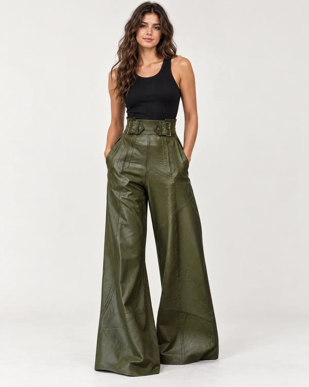 Amalie | Women's Belted High-Waisted Wide-Leg Pants