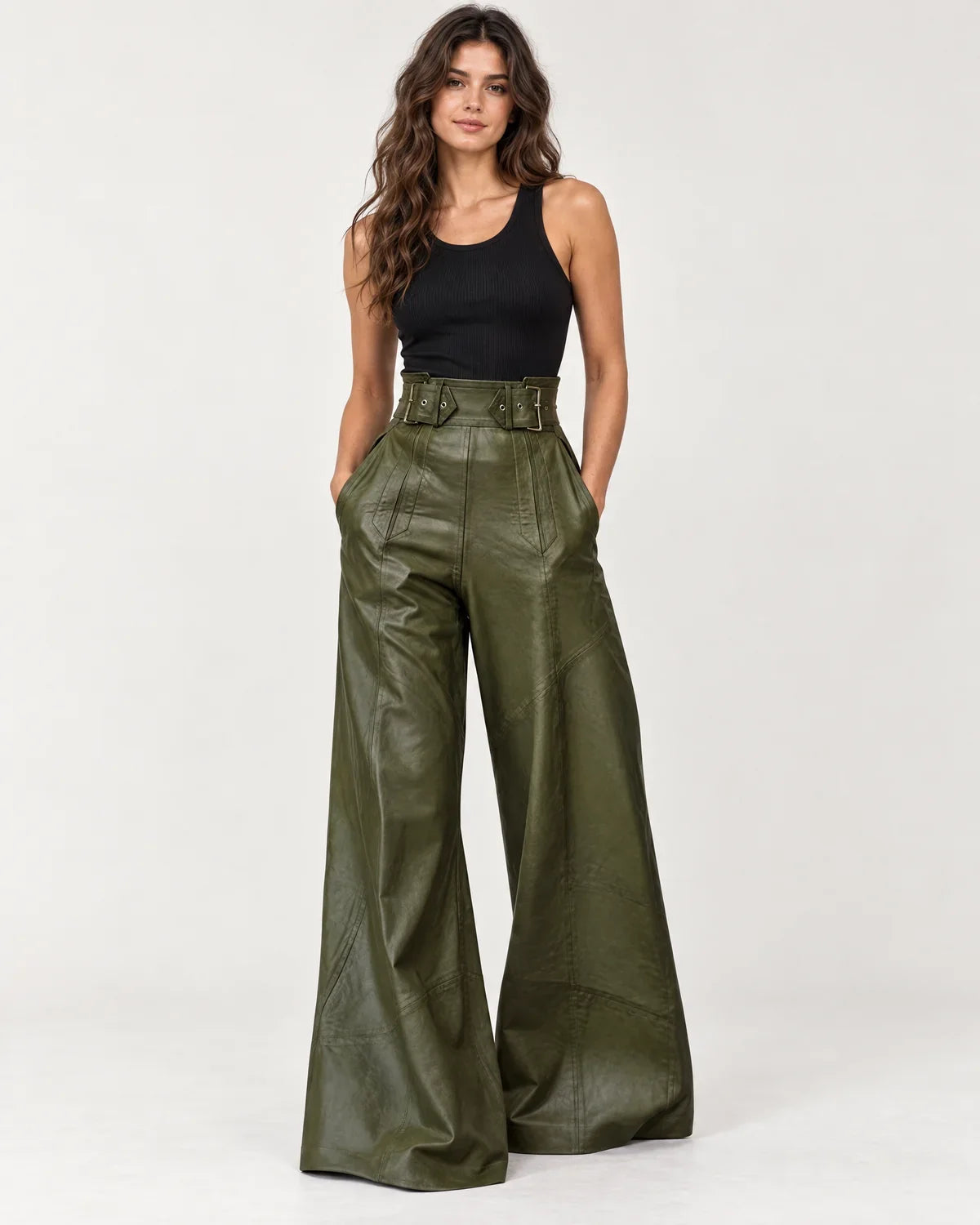 Amalie | Women's Belted High-Waisted Wide-Leg Pants