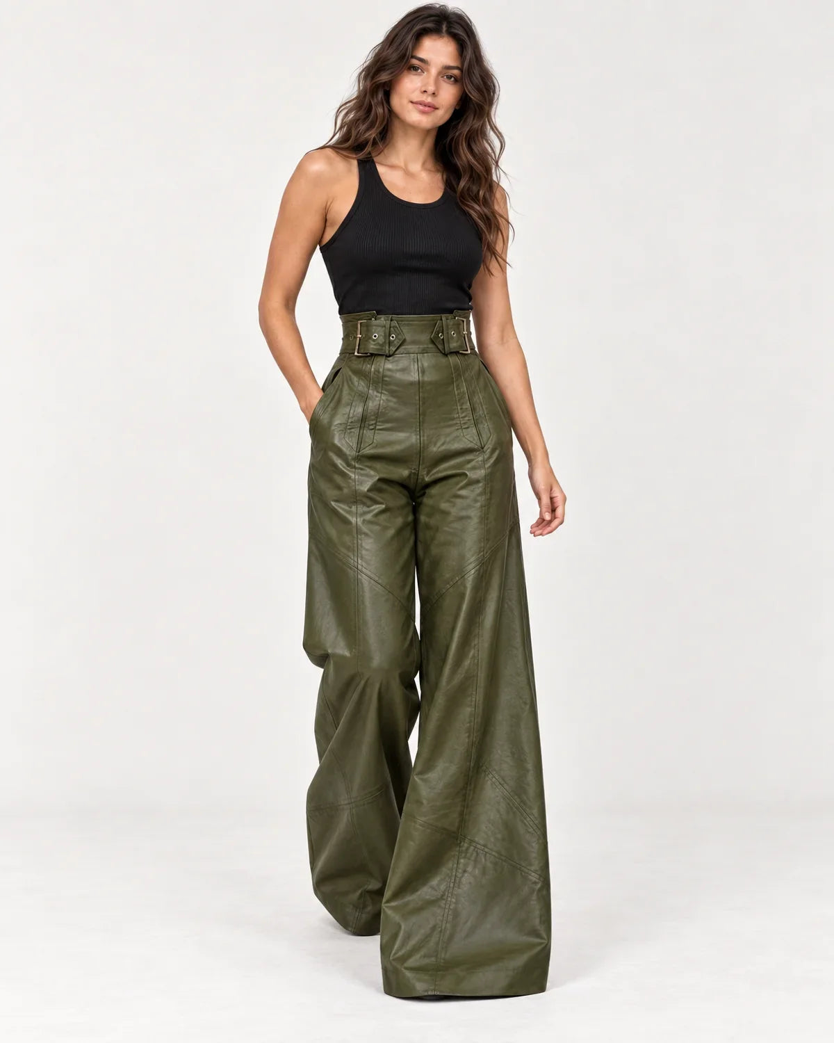 Amalie | Women's Belted High-Waisted Wide-Leg Pants