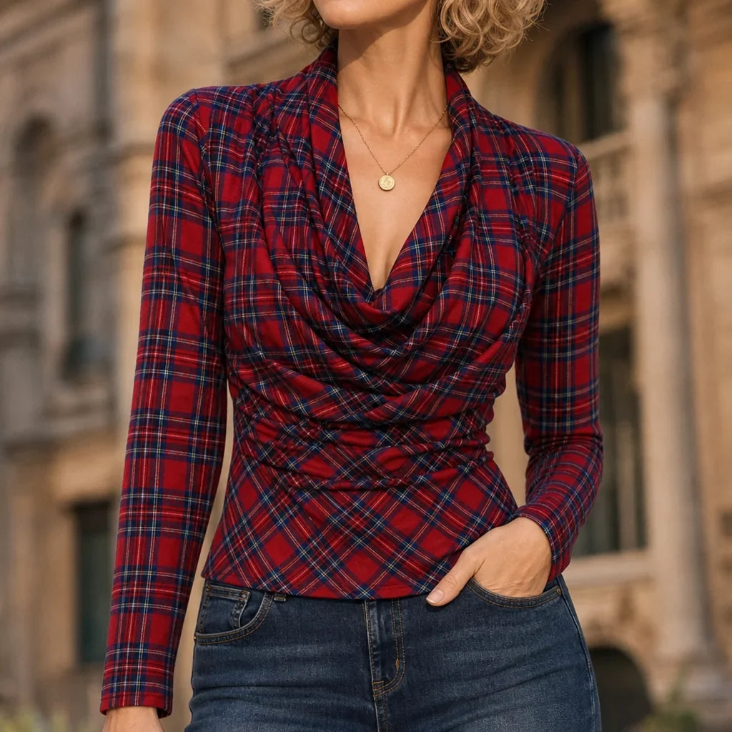 Plaid Cowl Neck Long Sleeve Top