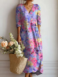 Floral Long Sleeve Midi Dress with V-Neck