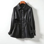 Women's Faux Leather Jacket with Drawstring Waist