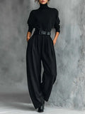 High-Neck Top and Wide-Leg Pant Set with Belt