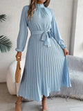 Long Sleeve Pleated Belted Dress