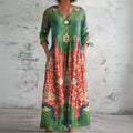 V-Neck Long Sleeve Printed Maxi Dress