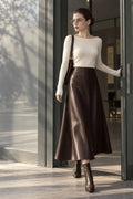 Faux Leather Midi Skirt Pleated A-Line