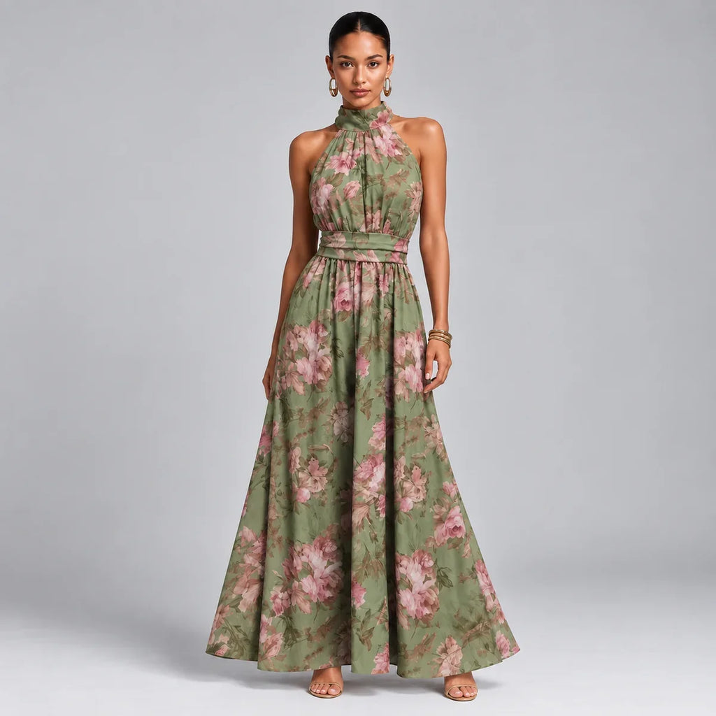 Floral Halter Chiffon Wedding-Guest Maxi Dress