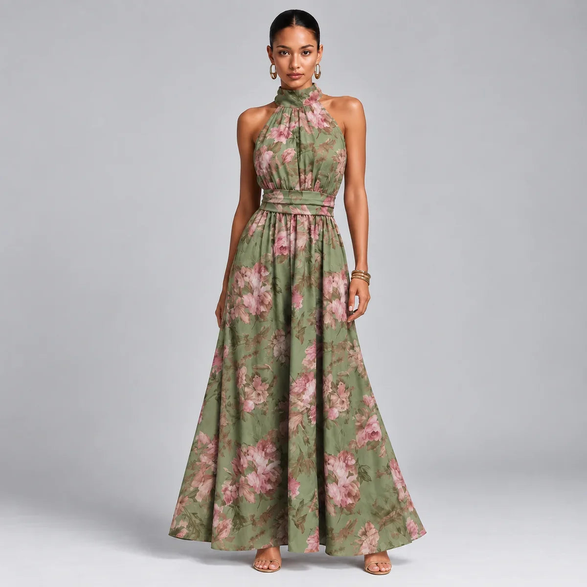 Floral Halter Chiffon Wedding-Guest Maxi Dress
