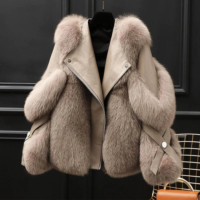 Women's Faux Leather Jacket with Fur Collar