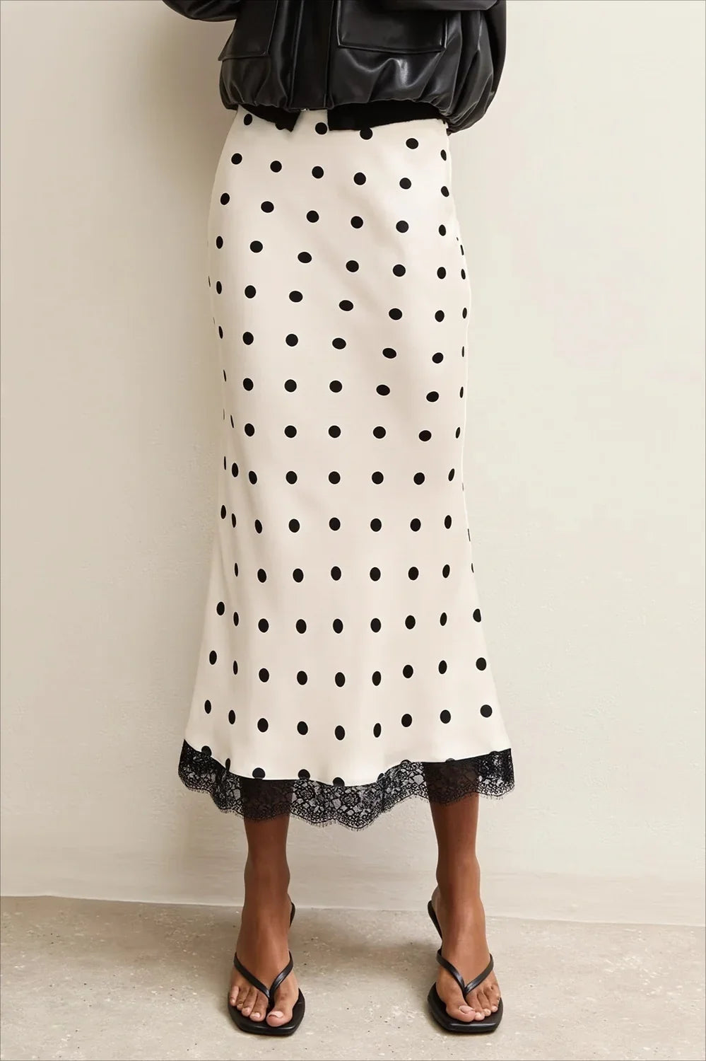 Lace Trim Polka Dot Midi Skirt