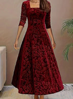 Velvet Square-Neck Floral Embossed A-Line Party Dress
